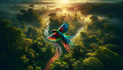 Bird of Paradise Soaring Above the Mystical Jungle