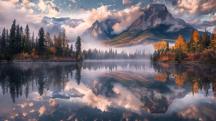 Behold the exquisite symmetry as the Bow River mirrors the towering Rocky Mountains against a backdrop of rolling clouds. 32K. - obrazy, fototapety, plakaty