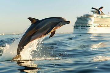 jumping dolphin with cruise ship in background