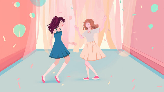 Duas garotas dançando juntas no salão - Ilustração infantil fofa