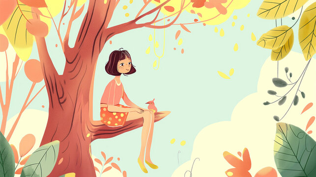 Garota fofa sentada em uma árvore - Ilustração infantil