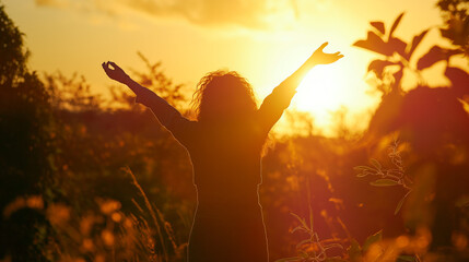 Mulher comemorando com os braços para o alto no por do sol