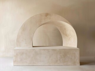 Fototapeta na wymiar Minimalist modernist architectural sculpture, in the form of an arch and a semicircle, with a rounded rectangular flat surface on top. Material: beige plaster on a plain background. Studio photography