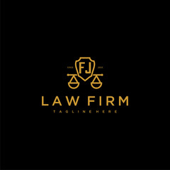 FJ initial monogram for lawfirm logo with scales shield image