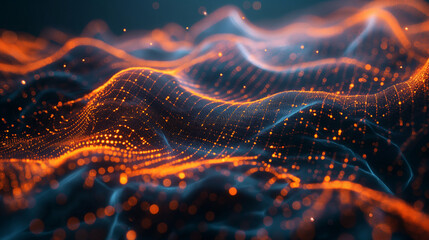 Futuristic Particle Wave Flow on Digital Background - obrazy, fototapety, plakaty