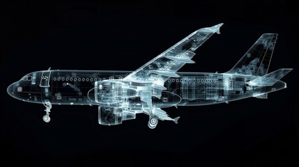Fototapeta na wymiar Side view X-ray illustration of an airplane on a dark background, showcasing internal structure
