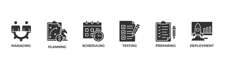 Release management banner web icon vector illustration concept with icon of managing, planning, scheduling, building, testing, preparing and deployment	