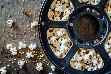 open film reel with popcorn kernels threaded in the sprockets