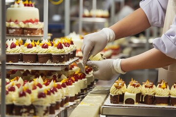 person manually decorating cakes on factory assembly line - obrazy, fototapety, plakaty