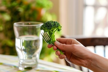hand holding broccoli on fork with a glass of water on the table