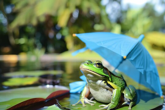 a green frog with a blue umbrella by a garden pond