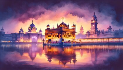 Watercolor illustration for baisakhi with a golden temple at dusk.