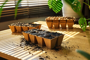 Biodegradable peat tray filled with black soil on the table in a spring day. Seasonal  planting and...