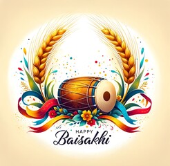 Happy baisakhi banner illustration with dhol and wheats.