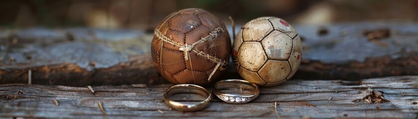 Wedding rings and a soccer ball, sporty couple