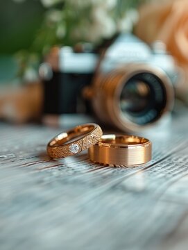 Wedding rings and a vintage camera, capturing moments