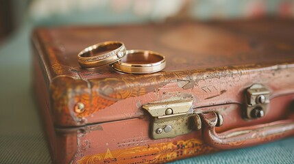 Wedding rings and a vintage suitcase, wanderlust theme - obrazy, fototapety, plakaty