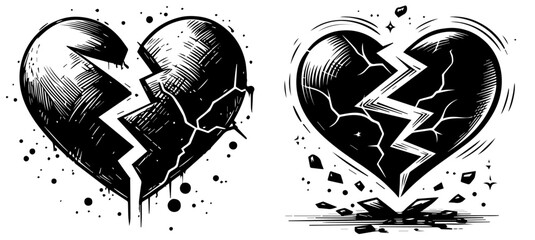 broken heart nocolor vector illustration silhouette for laser cutting cnc, engraving, black shape decoration - obrazy, fototapety, plakaty