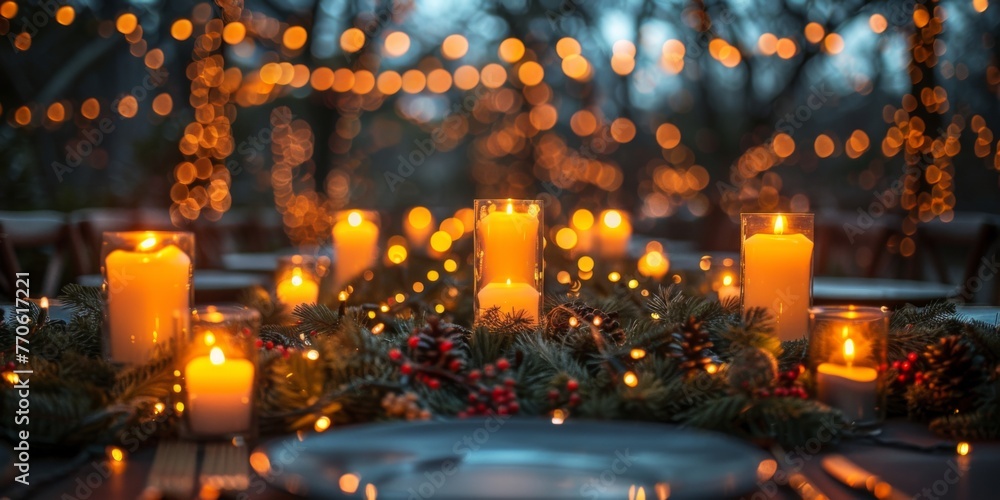Poster christmas table setting with burning candles and bokeh lights on background