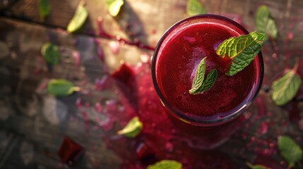 Fresh beet juice with mint leaf in a glass ,Fresh strawberry smoothie on the wooden rustic table, Fresh Smoothies of raspberry and currants in a glass macro.

 - obrazy, fototapety, plakaty