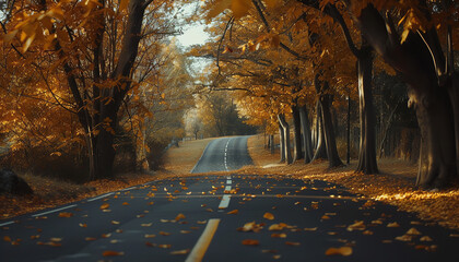 A picturesque road meanders gracefully through a riot of autumn hues - ensconced beneath a warm canopy of golden leaves.