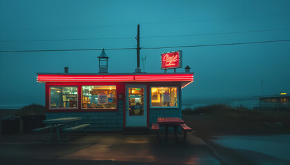 An iconic roadside diner bathed in the twilight glow - with its vintage neon lights inviting travelers for a pit stop.