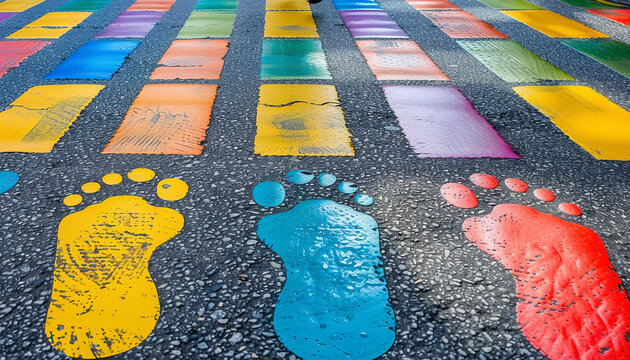 An urban pedestrian crossing is distinguished by an array of vibrant footprints - adding color to the monochrome city.