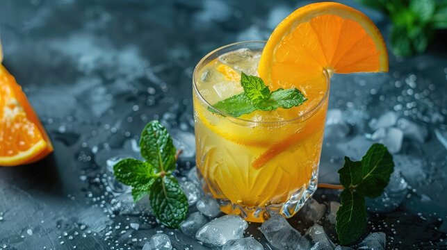 Fresh cocktail with orange and mint leaves , Refreshing summer cocktail with orange mint and ice in glasses,Cold summer orange lemonade with mint and ice in a glass
