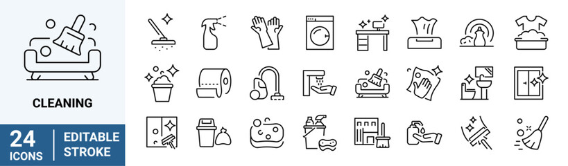 Cleaning web icons in line style. Dusting, cleaning, vacuuming, washing, changing, organizing. Vector illustration. Editable stroke.