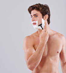 Razor, shave and man on a white background for wellness, hair removal and beauty treatment in...