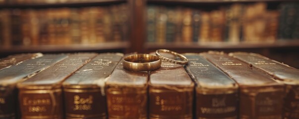 Wedding rings in a library book, love of literature - obrazy, fototapety, plakaty