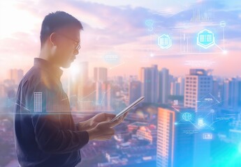 Businessman using tablet and showing digital data hologram 