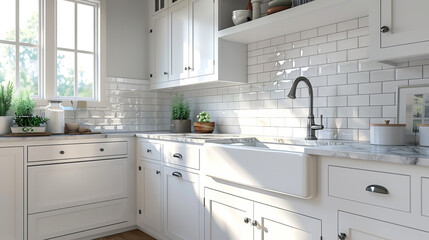 A pristine kitchen space featuring white cabinetry, subway tiles, and greenery, accentuating a clean and bright atmosphere