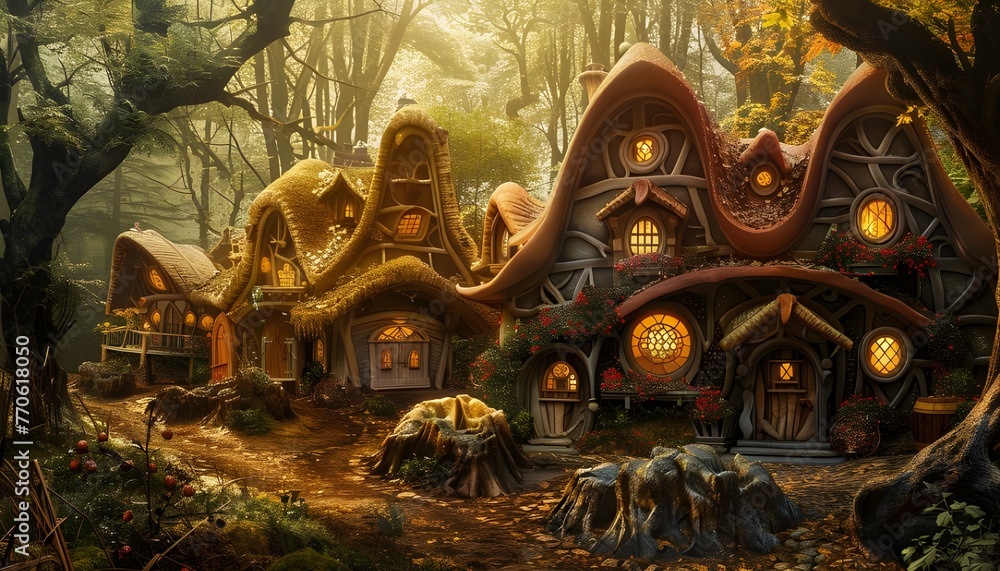 Wall mural village with elves cottages