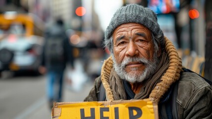 the image of a homeless man sitting on a city sidewalk, his face lined with lines of adversity and despair. He holds a cardboard sign that says 