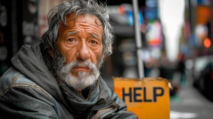 the image of a homeless man sitting on a city sidewalk, his face lined with lines of adversity and despair. He holds a cardboard sign that says 