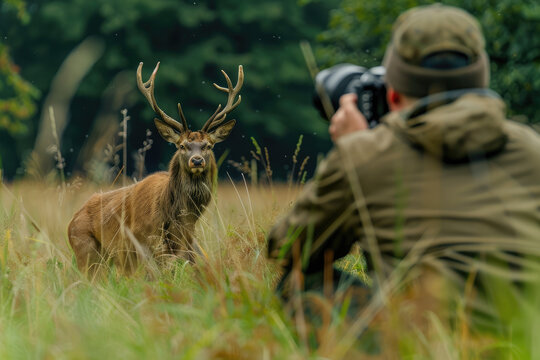 A wildlife photographer kneeling in the grass, holding his camera and taking pictures of a red deer running across him from behind