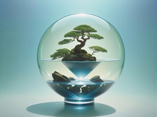Concept design, a small green pine bonsai in a clean and transparent glass sphere. AI generation.