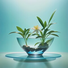 A beautiful fresh green plant in a glass bowl, the performance of the natural universe macro world theme, care for the natural environment, cherish water. AI generation.