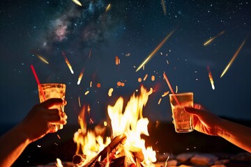 friends toasting with drinks by fire, meteors streaking above - obrazy, fototapety, plakaty