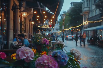Street veranda of a cafe decorated with flowers on a city street, evening time, lights are on and people are sitting at tables. City life. Generated ai - obrazy, fototapety, plakaty
