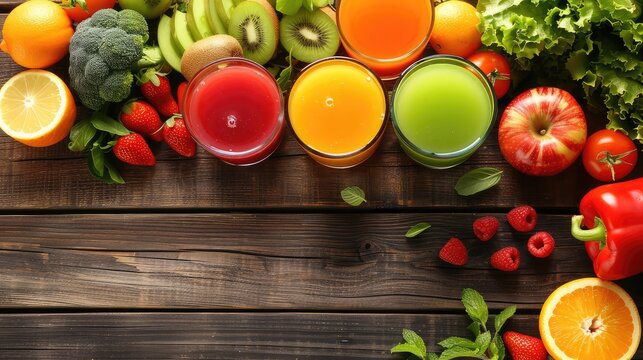 Fresh fruit and vegetables juice on wooden table, Set of fruit and vegetable and berries juice,Glasses with fresh organic vegetable and fruit juices. Detox diet
