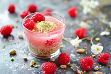 rosewater gel with pistachio dust and fresh raspberries