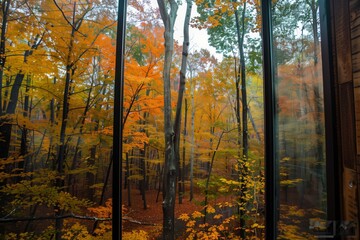 glasswalled cubicle with view of autumn colored woods