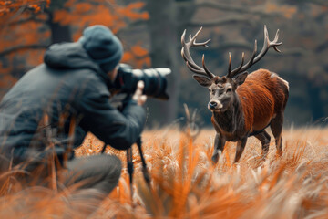 A wildlife photographer kneeling in the grass, holding his camera and taking pictures of a red deer running across him from behind - obrazy, fototapety, plakaty