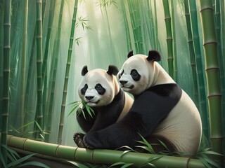 Two pandas sits in the bamboo forest eating bamboo leaves, with a green hue. AI generation.