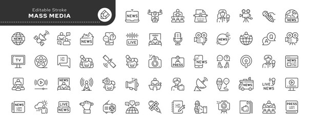 Set of line icons in linear style. Series - Mass media and journalism. TV show, program, news, report, video and interview.Outline icon collection. Conceptual pictogram and infographic. - obrazy, fototapety, plakaty