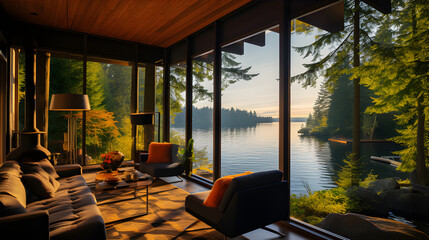 Fototapeta premium The beauty of nature as seen through the living room windows of a modern lake house. 