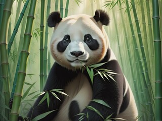 A panda sits in the bamboo forest eating bamboo leaves, with a green hue. AI generation.
