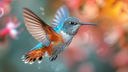 Fototapeta premium A vibrant bird in flight against a backdrop of softly blurred pink and yellow flowers